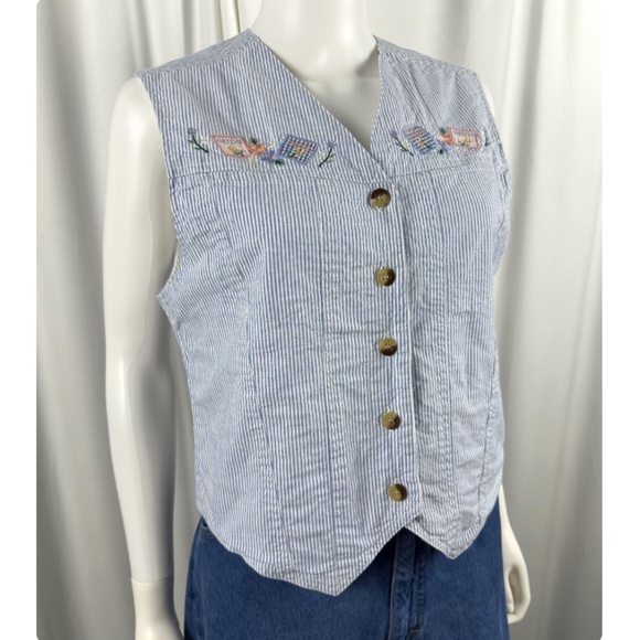 Vintage 90's ‘Solutions!’ Blue Striped Garden Seeds Patchwork Vest - S/M - Picture 3 of 6